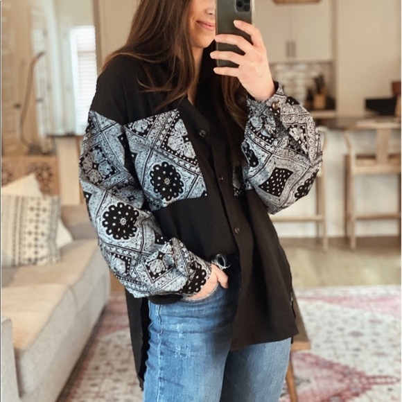 🆕 ✨ NWT DAVI & DANI Bandana black & white Oversized Button Top Womens size 2XL - Picture 11 of 11